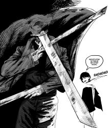  2boys absurdres blood blood_spray chainsaw_man coat disembodied_head dynamic_pose english_text greyscale hat highres katana katana_man_(chainsaw_man) long_sleeves military_hat monochrome multiple_boys multiple_swords multiple_weapons peaked_cap simple_background sn0_dayz speech_bubble sugo_miri sword teeth transformation trench_coat weapon wing_collar 