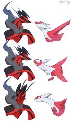  absurdres aqua_eyes closed_mouth commentary eye_contact from_side half-closed_eyes highres latias likey looking_at_another no_humans pokemon pokemon_(creature) pokemon_focus signature smile white_background yellow_eyes yveltal 