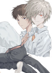  2boys absurdres belt blue_eyes boy_on_top brown_belt closed_mouth commentary_request dress_shirt highres himo_(himodayoo) ikari_shinji male_focus multiple_boys multiple_views nagisa_kaworu neon_genesis_evangelion red_eyes shirt shirt_tucked_in shoes short_hair simple_background suit_pants white_background 