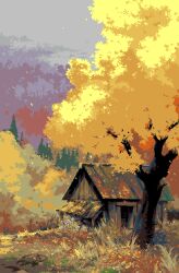  abandoned autumn autumn_leaves commentary day deceiver forest house landscape leaf nature no_humans original outdoors overgrown pixel_art scenery tree 