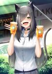  1girl animal_ears black_hair black_nails black_skirt blush breasts bush cat_ears cat_girl cat_tail choker collared_shirt cup disposable_cup drinking_straw ear_bar fang food_truck hair_over_one_eye hands_up highres holding holding_cup long_hair looking_at_viewer medium_breasts motsushi open_mouth original outdoors shirt short_sleeves skin_fang skirt smile solo tail tongue tongue_out upper_body white_shirt yellow_eyes 