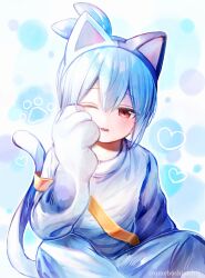  1boy absurdres animal_costume animal_ear_hairband animal_ears blue_hair cat_costume cat_ear_hairband cat_ears cat_tail commentary_request fake_animal_ears fake_tail feet_out_of_frame hairband hand_on_own_cheek hand_on_own_face hand_up heart highres indian_style male_focus official_alternate_costume one_eye_closed parted_lips paw_print puyopuyo puyopuyo_quest red_eyes sig_(kitty)_(puyopuyo) sig_(puyopuyo) sitting solo tail tail_raised twitter_username ume_(umeboshioishii) 