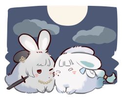  animal_focus animalization beret black_hat closed_eyes clouds commentary full_moon hat highres jinhsi_(wuthering_waves) mole moon night no_humans one_eye_closed outdoors rabbit red_eyes sanhua_(wuthering_waves) sword tacet_mark_(wuthering_waves) untranslatable_commentary weapon wuthering_waves yuutama2804 