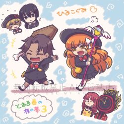  1other 2girls 3boys 793_(oo793oo) ^_^ angry black_eyes black_hair black_skirt blonde_hair brown_hair chasing clock closed_eyes closed_mouth commentary_request dante_(limbus_company) fire heathcliff_(project_moon) holding holding_wand ishmael_(project_moon) limbus_company limbus_kindergarten_uniform long_hair multiple_boys multiple_girls object_head pink_hair pleated_skirt project_moon running sinclair_(project_moon) skirt smile wand yellow_eyes yi_sang_(project_moon) yuri_(project_moon) 