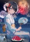  1girl aerial_fireworks bangs black_hair blue_eyes blue_kimono blurry blurry_foreground blush cityscape clouds commentary_request depth_of_field eyelashes fireworks floral_print flower food fruit gradient_eyes green_eyes grin hair_flower hair_ornament hand_fan highres holding holding_fan hololive japanese_clothes kanzashi kayari_buta kimono light_particles long_sleeves looking_at_viewer looking_to_the_side multicolored_eyes myusha night night_sky obi obijime oozora_subaru orange_sash outdoors paper_fan parted_bangs pier plant plate print_kimono sash seigaiha short_hair sitting sky skyline smile solo subaru_duck swept_bangs teeth virtual_youtuber water watermelon white_flower wide_sleeves 
