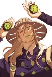  1boy ball blonde_hair bridal_gauntlets brown_hat commentary_request cowboy_hat goggles goggles_on_headwear green_eyes green_lips grill gyro_zeppeli hair_between_eyes hat highres holding holding_ball jojo_no_kimyou_na_bouken kimori45 lipstick long_hair makeup male_focus purple_bridal_gauntlets purple_shirt shirt solo steel_ball_(jojo) steel_ball_run twitter_username upper_body watermark white_background 