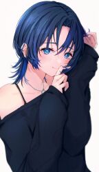 1girl alternate_costume black_hair black_shirt blue_eyes blue_hair blurry blush bra_strap closed_mouth colored_inner_hair commentary_request curtained_hair depth_of_field film_grain highres hiodoshi_ao hololive hololive_dev_is jellyfish_cut jewelry multicolored_hair necklace off_shoulder panties raised_eyebrows shirt silver_necklace simple_background smile solo sui._(suikun) twirling_hair underwear upper_body virtual_youtuber white_panties 