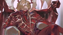  1boy arm_rest armchair blonde_hair bone chair commentary extra_arms gloves hair_over_one_eye highres horns hoyapaint jacket le_rouge_(identity)_(project_moon) limbus_company looking_to_the_side male_focus mask mouth_mask organic_clothes pants parted_hair project_moon red_eyes red_gloves red_jacket red_pants side_part sinclair_(project_moon) sitting solo 