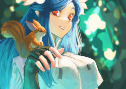  1girl absurdres animal_on_shoulder black_gloves blue_hair blurry blurry_background breasts chinese_commentary commentary crop_top crop_top_overhang cross_tie dizzy_(guilty_gear) fingerless_gloves flower gloves guilty_gear guilty_gear_strive hair_flower hair_ornament hand_up highres katohisui large_breasts long_hair long_sidelocks looking_at_animal necktie parted_lips queen_dizzy red_eyes sidelocks smile solo squirrel swept_bangs upper_body white_flower 