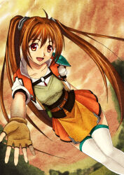  1girl :d absurdres ahoge armor belt belt_buckle blush brown_belt brown_gloves brown_hair buckle chinese_commentary collarbone commentary_request cropped_jacket dutch_angle eiyuu_densetsu estelle_bright feet_out_of_frame fingerless_gloves fisheye gem gloves green_trim grey_vest hair_intakes highres jacket leather leather_belt leather_gloves long_hair looking_at_viewer miniskirt offering_hand open_clothes open_hand open_jacket open_mouth open_vest orange_eyes orange_skirt orange_sky orange_vest outdoors outstretched_arm pauldrons red_gem shirt short-sleeved_jacket short_sleeves shoulder_armor single_pauldron skirt sky smile solo sora_no_kiseki sora_no_kiseki_sc thigh-highs tree underbust vest white_shirt white_thighhighs zhou_siwei 