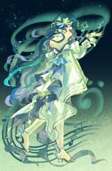 1girl absurdres back bare_back bare_shoulders blue_background blue_eyes blue_hair choker detached_sleeves dress english_commentary fang fins floating_hair flower frilled_choker frills from_behind full_body genshin_impact gradient_background gradient_hair green_background green_flower hair_flower hair_ornament hair_over_one_eye hand_up head_fins high_heels highres jewelry long_hair long_sleeves looking_at_viewer looking_back multicolored_hair musical_note necklace open_mouth pearl_hair_ornament puffy_detached_sleeves puffy_long_sleeves puffy_sleeves purple_hair shoes singing sleeveless sleeveless_dress smile solo standing standing_on_one_leg tealswag teeth two-tone_hair underwater very_long_hair vodyanitsa_(genshin_impact) water_drop wavy_hair white_choker white_dress white_shoes white_sleeves 