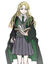  1girl alonalon002 bag black_robe blonde_hair book cardigan closed_mouth commentary_request earrings eyelashes genderswap genderswap_(mtf) green_eyes green_hood green_necktie grey_skirt hair_ornament hair_over_shoulder hairclip harry_potter_(series) highres hogwarts_school_uniform holding holding_book hood hood_down jewelry long_hair looking_at_viewer malfoid miniskirt necktie open_book pleated_skirt raised_eyebrow robe school_uniform shirt shoulder_bag simple_background skirt slytherin smile solo striped_clothes striped_necktie upper_body white_background white_shirt wide_sleeves wizarding_world 