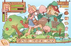  1girl absurdres apple apple_tree bag bandaid bandaid_on_leg blue_overalls braid building cherry_blossoms cheumi commentary cottage_(building) day dress english_commentary english_text farm farmer flower food fruit gloves grass green_eyes hat health_bar highres holding holding_watering_can house lily_pad mushroom notebook original outdoors overall_shorts overalls pine_tree pink_hair plaid_clothes plaid_shirt plant pond rabbit rock scarecrow shirt shoes sky sneakers sun tree twin_braids walking water watering_can 