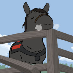  black_horse broken_fence closed_eyes clouds cloudy_sky commentary_request eishin_flash_(racehorse) fence highres horse jajaumant proud real_life sky smug snort tree 