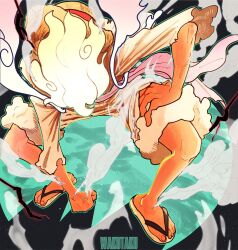  1boy artist_name commentary gear_fifth hagoromo haki_(one_piece) hat highres male_focus monkey_d._luffy one_piece purple_sash sandals sash shawl short_hair shorts smoke solo straw_hat taku_(aywakutakuay) white_hair white_shorts 
