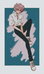  1boy belt belt_buckle black_belt black_pants border breast_pocket buckle collared_shirt film_grain full_body grey_hair heavy_film_grain looking_at_another male_focus nagisa_kaworu neon_genesis_evangelion open_collar pants pikurusu pocket red_eyes school_uniform shirt shirt_tucked_in shoelaces shoes short_hair short_sleeves sitting sneakers solo tokyo-3_middle_school_uniform very_short_hair white_border white_shirt white_shoes 