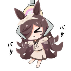  >_< 1girl afterimage animal_ears apricotlemontea barefoot brown_dress brown_hair chibi closed_eyes closed_mouth commentary_request crane_game dress full_body hair_over_one_eye horse_ears horse_girl horse_tail long_hair long_sleeves puffy_long_sleeves puffy_sleeves rice_shower_(casual)_(umamusume) rice_shower_(umamusume) simple_background solo tail translation_request umamusume very_long_hair wavy_mouth white_background 