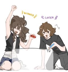  1boy 1girl antenna_hair black_shirt brown_eyes brown_hair closed_eyes commentary_request controller denim denim_shorts fist_pump game_controller hilbert_(pokemon) hilda_(pokemon) joy-con playing_games pokemon pokemon_black_and_white ponytail shirt shorts smile socks white_background white_shirt white_socks zawacurry_2211 