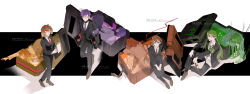  2boys 2girls ahoge armband black_jacket black_pants black_suit blue_eyes box brown_eyes brown_hair brown_jacket brown_necktie brown_shoes clipboard closed_mouth coat coffin collared_shirt dress_shirt elijah_(project_moon) enkephalin_(project_moon) flower full_body gabriel_(project_moon) giovanni_(project_moon) green_eyes green_hair green_necktie hair_ornament hairband hairclip highres hod_(project_moon) holding holding_clipboard jacket ko_bammm lab_coat lapels lobotomy_corporation long_hair long_sleeves looking_at_viewer lying malkuth_(project_moon) medium_hair michelle_(project_moon) multiple_boys multiple_girls necktie netzach_(project_moon) open_mouth orange_armband orange_necktie pants project_moon purple_armband purple_hair purple_necktie red_hairband red_necktie red_ribbon ribbon shirt shoes short_hair simple_background sitting smile standing suit very_long_hair watermark white_background white_shirt yellow_eyes yesod_(project_moon) 
