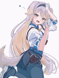  1girl :d animal_ears ass blonde_hair blush colored_inner_hair commentary dog_ears dog_girl dog_tail green_eyes grey_hair hairband heart highres long_hair looking_at_viewer multicolored_hair nijisanji paw_pose shioriha_ruri shioriha_ruri_(1st_costume) shiratamamaru simple_background smile solo sparkle standing standing_on_one_leg tail untranslatable_commentary very_long_hair virtual_youtuber white_background 