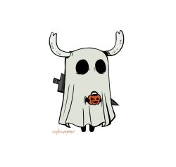  1other artist_name black_eyes black_skin colored_skin explosivepearl full_body ghost_costume halloween halloween_bucket halloween_costume highres holding holding_halloween_bucket hollow_eyes hollow_knight horned_mask horns jack-o'-lantern knight_(hollow_knight) mask nail_(hollow_knight) sheet_ghost simple_background standing weapon weapon_on_back white_background 