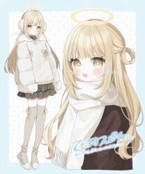  1girl adversarial_noise black_skirt blonde_hair blue_border blush border coat commentary_request commission full_body fur-trimmed_coat fur_trim grey_thighhighs halo highres layered_skirt miniskirt ninarin open_mouth original polka_dot polka_dot_background scarf sidelocks simple_background skeb_commission skirt smile solo thigh-highs traditional_halo white_background white_coat white_scarf winter_clothes winter_coat yellow_eyes zettai_ryouiki 