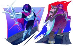  1girl 1other :/ ankle_boots arm_up armlet armor artist_name axe bare_shoulders battle_axe belt black_pants blue_skin boots breasts brown_belt brown_boots buckle cape closed_mouth colored_skin commentary_request covered_eyes cuirass deltarune evil_grin evil_smile full_body furry furry_female gauntlets gradient_background greaves grey_vest grin hair_over_eyes hand_up heart heart-shaped_buckle highres holding holding_axe holding_sword holding_weapon index_finger_raised jewelry kris_(dark_world)_(deltarune) kris_(deltarune) leg_armor mane_ax_(deltarune) medium_breasts medium_hair open_clothes open_vest pants pauldrons pink_cape pink_skin pointing pointing_to_the_side purple_hair purple_pants purple_shirt sabaton sharp_teeth shirt shirt_tucked_in short_hair shoulder_armor single_pauldron smile spiked_armlet spiked_wristband standing susie_(dark_world)_(deltarune) susie_(deltarune) sword teeth thai_commentary tile_floor tiles utdr_(toby_fox) vest weapon white_background yusu_zune 