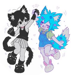  2boys animal_ears antenna_hair arm_up basil_(headspace)_(omori) basil_(omori) black_eyes black_hair black_slippers black_socks blue_overalls blush_stickers bright_pupils cat_boy cat_ears cat_tail collar double-parted_bangs fang flower forest_bunny_(omori) fox_boy fox_ears fox_tail furrification furry furry_male green_eyes green_hair green_hoodie hair_between_eyes holding_hands hood hood_down hoodie looking_at_another male_focus mewo multiple_boys omori omori_(omori) one_eye_closed open_mouth overall_shorts overalls red_collar saji_neko short_hair shorts sidelocks simple_background slippers smile socks striped_clothes striped_shorts sweatdrop tail vertical-striped_clothes vertical-striped_shorts white_background white_pupils white_shorts white_slippers 
