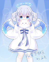  1girl alternate_costume angel angora_rabbit animal blue_background blue_bow blue_eyes blue_hair blue_halo blue_theme blue_wings blush bow commentary_request covering_own_mouth dress dress_bow feathered_wings feet_out_of_frame gochuumon_wa_usagi_desu_ka? hair_between_eyes hair_ornament halo hands_up holding holding_animal kafuu_chino kk0220 kneehighs long_hair long_sleeves outline rabbit simple_background socks solo standing striped_bow tippy_(gochiusa) two-tone_bow two-tone_wings two_side_up white_bow white_dress white_outline white_socks wide_sleeves wings x_hair_ornament 