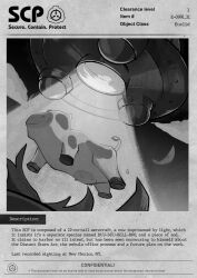  alien_t cow english_text flying_saucer grass grey_background greyscale hayde_ink highres monochrome no_humans reverse:1999 scp_foundation spacecraft tractor_beam ufo 