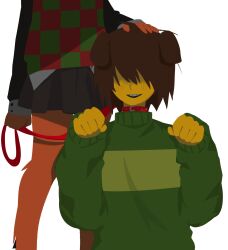  1girl 1other androgynous animal_collar animal_ears belt_collar black_skirt braces brown_hair buckle checkered_clothes checkered_sweater_vest checkered_vest collar deer_girl deltarune dog_ears furry furry_female hair_between_eyes hair_over_eyes hand_on_another's_head head_out_of_frame highres holding holding_leash hooves kris_(deltarune) leash light_blush long_sleeves looking_at_viewer lower_body noelle_holiday open_mouth pet_play pwimimi red_collar reindeer_girl short_hair simple_background skirt smile striped_clothes striped_sweater sweater sweater_vest teeth two-tone_sweater two-tone_sweater_vest utdr_(toby_fox) vest white_background 