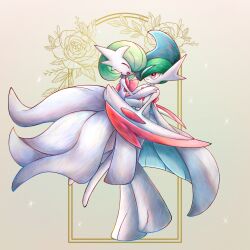  1boy 1girl ^_^ arm_blade backless_dress backless_outfit bare_shoulders blue_hair bob_cut closed_eyes colored_skin commentary_request couple dress facing_another floral_background from_side full_body gallade gardevoir green_hair hair_over_one_eye hands_on_another's_shoulders hands_up happy hetero highres hug lifting_person long_dress looking_at_another mega_gallade mega_gardevoir mega_pokemon mohawk multicolored_hair mutual_hug nanairo_(pixiv_116811856) no_feet one_eye_covered open_mouth pokemon pokemon_(creature) red_eyes short_hair smile sparkle standing two-tone_hair weapon white_dress white_skin 
