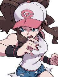  1girl baseball_cap black_vest brown_hair commentary cutoffs denim denim_shorts exposed_pocket hat high_ponytail highres hilda_(pokemon) long_hair pokemon pokemon_black_and_white ponytail rewin_(nobabys_perfect) serious shorts solo tall_hair vest wristband 
