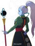  1girl absurdres arm_behind_back blue_skin colored_skin dragon_ball dragon_ball_super dress from_behind highres holding holding_staff horang4628 long_hair long_sleeves looking_back ponytail puffy_sleeves red_sash sash solo staff twitter_username vados_(dragon_ball) violet_eyes white_hair 