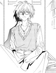  1boy absurdres closed_mouth dress_shirt glasses greyscale hair_between_eyes highres himo_(himodayoo) looking_at_viewer male_focus monochrome nagisa_kaworu neon_genesis_evangelion open_collar shirt short_hair solo sweater_vest 