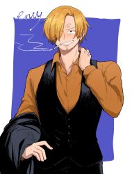  1boy black_vest blonde_hair cigarette collared_shirt commentary_request curly_eyebrows facial_hair formal_clothes goatee hair_over_one_eye highres jacket male_focus mustache_stubble one_piece sanji_(one_piece) shirt smoke smoke_trail smoking solo stubble suit_jacket uzarihs_ijah vest 