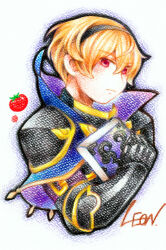  1boy book brynhildr_(fire_emblem) character_name closed_mouth commentary_request fire_emblem fire_emblem_fates holding holding_book leo_(fire_emblem_fates) looking_at_viewer male_focus popped_collar tomato upper_body yoshian 