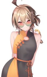  1girl absurdres ahoge black_dress black_tail chinese_clothes clothing_cutout commentary dress earrings english_commentary flat_chest flower_knot gigi_murin gigi_murin_(casual) gradient-tinted_eyewear grem_(gigi_murin) highres hololive hololive_english huge_ahoge jewelry looking_at_viewer multicolored_hair official_alternate_costume pink_eyes popcornflakes round_eyewear short_dress short_hair simple_background tassel tassel_earrings tinted_eyewear two-tone_dress two-tone_hair virtual_youtuber white_background 