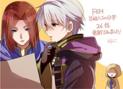  1other 2boys brown_gloves cloak commentary_request fire_emblem fire_emblem:_thracia_776 fire_emblem_awakening fire_emblem_heroes flying_sweatdrops gloves hand_on_own_chin hood hood_down hood_up hooded_cloak itagaki_hako kiran_(fire_emblem) male_focus male_robin_(fire_emblem) multiple_boys open_mouth paper reading saias_(fire_emblem) sweatdrop translation_request upper_body 