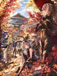  5girls absurdres animal_ears beret blonde_hair blue_eyes blue_hair braid breasts closed_mouth colphne_(girls'_frontline_2) commentary_request dark-skinned_female dark_skin fake_animal_ears girls'_frontline_2:_exilium girls_frontline gloves grey_hair groza_(girls'_frontline_2) hair_between_eyes hair_ornament hair_ribbon hairclip hat highres holding jacket krolik_(girls'_frontline_2) long_hair looking_at_viewer mechanical_ears medium_hair multiple_girls nemesis_(girls'_frontline_2) open_mouth ots-14_(girls'_frontline) panda_taiin ponytail rabbit_ears red_eyes red_ribbon ribbon side_ponytail smile twintails vepley_(girls'_frontline_2) violet_eyes white_hat yellow_eyes 
