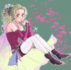  artist_name bare_shoulders blonde_hair blue_eyes boots breasts cape commentary_request detached_sleeves dress earrings final_fantasy final_fantasy_vi food-themed_hair_ornament full_body gradient_cape grape_earrings grape_hair_ornament green_background grey_pantyhose hair_ornament hair_ribbon hands_on_own_chin highres jas_(jasjasjasart) jewelry leaf_hair_ornament long_hair medium_breasts pantyhose parted_bangs parted_lips pink_cape pink_ribbon ponytail purple_boots red_dress red_sleeves ribbon ring sash sitting smile strapless strapless_dress terra_branford thumb_ring tube_dress waist_sash wavy_hair yellow_cape 