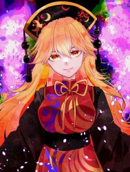  1girl absurdres black_dress black_hat black_sash blonde_hair breasts closed_mouth commentary crescent_print dalachi_(headdress) dot_nose dress energy_tail hair_between_eyes hat highres ikth00nm junko_(touhou) large_breasts long_hair long_sleeves looking_at_viewer neck_ribbon phoenix_print pom_pom_(clothes) red_eyes red_tabard ribbon sash simple_background smile solo split_mouth tabard touhou upper_body very_long_hair wide_sleeves yellow_ribbon 