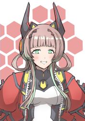  blush bodysuit dimension_riletta_(yu-gi-oh!) green_eyes hair_rings highres horns jacket mechanical_horns red_jacket simple_background smile yu-gi-oh! yu-gi-oh!_rush_duel 