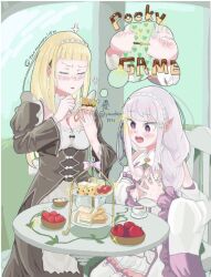 2girls :o anger_vein angry apple apron artist_name back_bow bare_shoulders black_bow black_corset black_dress black_ribbon blonde_hair blue_pupils blue_sky blunt_bangs blush blush_stickers boots bow bowl braid bread breasts butter butterfly butterfly_hair_ornament cake chair check_artist chocolate chocolate_chip_cookie choker clenched_hand closed_eyes collar commentary commentary_request cookie corset cup detached_collar diamond_(shape) diamond_button diamond_hair_ornament dot_nose dress emilia_(re:zero) english_text eyelashes fingernails food food_in_mouth frilled_shirt frilled_sleeves frills from_side frown fruit gelatin gem gold grass green_background hair_ornament hairband heart highres incoming_kiss incoming_pocky_kiss indoors jewelry juliet_sleeves large_breasts layered_sleeves leaf long_dress long_sleeves maid maid_headdress miniskirt naughty_face non-web_source on_chair open_mouth orange_ribbon overskirt own_hands_together pie pink_bow pink_eyes plate pleated_skirt pocky pocky_kiss pointy_ears purple_boots purple_choker purple_collar purple_eyes purple_shirt purple_skirt re:zero_kara_hajimeru_isekai_seikatsu ribbon ribbon-trimmed_dress ribbon_trim sack sandwich shoulder_cutout sidelocks single_braid sitting skirt sky sparkle straight_hair strawberry surprised sylphy_(re:zero) table tea teeth thigh-highs thigh_boots thinking thought_bubble tongue triangle_mouth upper_teeth_only v-shaped_eyebrows waist_apron watermark white_apron white_boots white_bow white_choker white_collar white_corset white_dress white_eyelashes white_hairband white_ribbon white_shirt white_skirt wide_sleeves window yuri yuudayo151t zettai_ryouiki