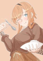 1girl amayuki_shiki blue_eyes bowl brown_hair brown_hairband brown_shirt brown_skirt brown_sweater collared_shirt commentary_request cowboy_shot curry curry_rice fake_wings food glint hairband highres holding holding_spoon kantai_collection looking_at_viewer official_alternate_costume one_eye_closed orange_background plaid_clothes plaid_shirt pleated_skirt rice shirt simple_background skirt solo spoon sweater teruzuki_(kancolle) teruzuki_(yokosuka)_(kancolle) tongue tongue_out wings