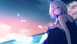  1girl ahoge alternate_hair_length_(longer) amane_kanata arm_at_side black_dress blue_hair blurry blush closed_mouth cocktail_dress colored_inner_hair commentary_request crossed_bangs depth_of_field double-parted_bangs dress falling_feathers feathers film_grain from_side full_body grey_hair hair_between_eyes highres hololive long_dress long_hair looking_at_viewer looking_to_the_side missing_halo missing_wings multicolored_hair ocean official_alternate_hairstyle outdoors pink_streaks raised_eyebrows shooting_star short_hair_with_long_locks single_hair_intake smile solo streaked_hair sui._(suikun) sunset twilight violet_eyes virtual_youtuber 