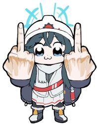  1girl :3 bkub_(style) black_boots black_coat black_pantyhose blue_archive blue_eyes blue_hair blue_halo boots closed_mouth coat commentary_request double_middle_finger full_body halo hard_hat helmet jacket long_hair looking_at_viewer middle_finger miniskirt minori_(blue_archive) oekaki_nyagama pantyhose pleated_skirt poptepipic scarf skirt smile solo white_helmet white_jacket white_scarf white_skirt 