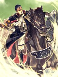  1boy amiba_(nerdamiba) ascot black_boots black_coat book boots coat commentary fire_emblem fire_emblem:_thracia_776 gloves hair_slicked_back holding holding_book horse horseback_riding looking_to_the_side magic male_focus open_book open_mouth pants reinhardt_(fire_emblem) riding riding_animal white_ascot white_gloves white_pants 