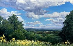  blue_sky clouds commentary day england english_commentary flower forest grass highres kate_avery nature no_humans oil_painting_(medium) original outdoors painting_(medium) scenery sky traditional_media tree yellow_flower 