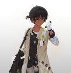  1boy arknights bag bangs black_hair closed_mouth coat dark-skinned_male dark_skin earclip gloves highres holding jewelry long_sleeves looking_at_viewer male_focus nanairo_(kim0116v) necklace open_clothes open_coat orange_eyes ponytail shirt short_ponytail simple_background solo thorns_(arknights) white_gloves 